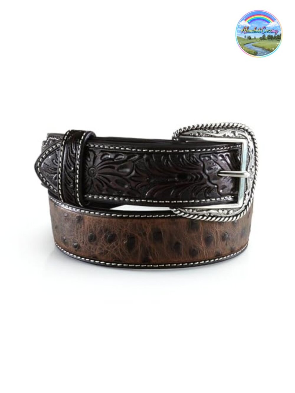 Ostrich Print Leather Belt with Silver-Tone Buckle